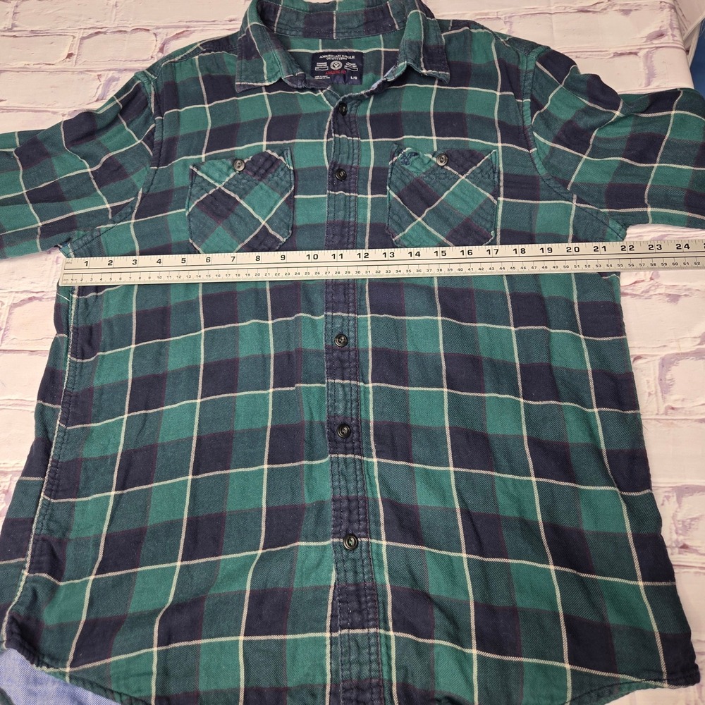 Y2K American Eagle Outfitters Mens Athletic Fit Flannel Shirt Green Navy Plaid L - Picture 8 of 10